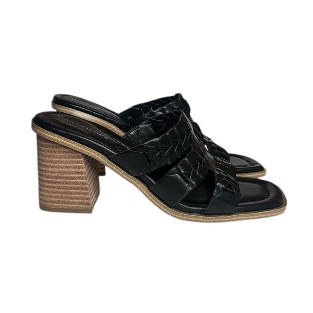 Marc Fisher Melita Black Woven Strappy Chunky Block Heel Slide Sandals Size 8